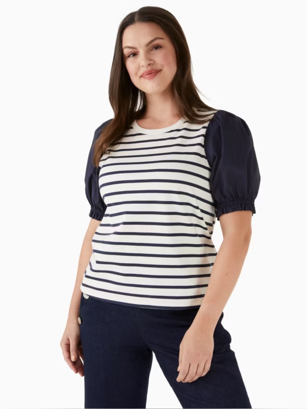 Kate Spade New York Striped Puff-Sleeve Top in Navy Size XL NEW
